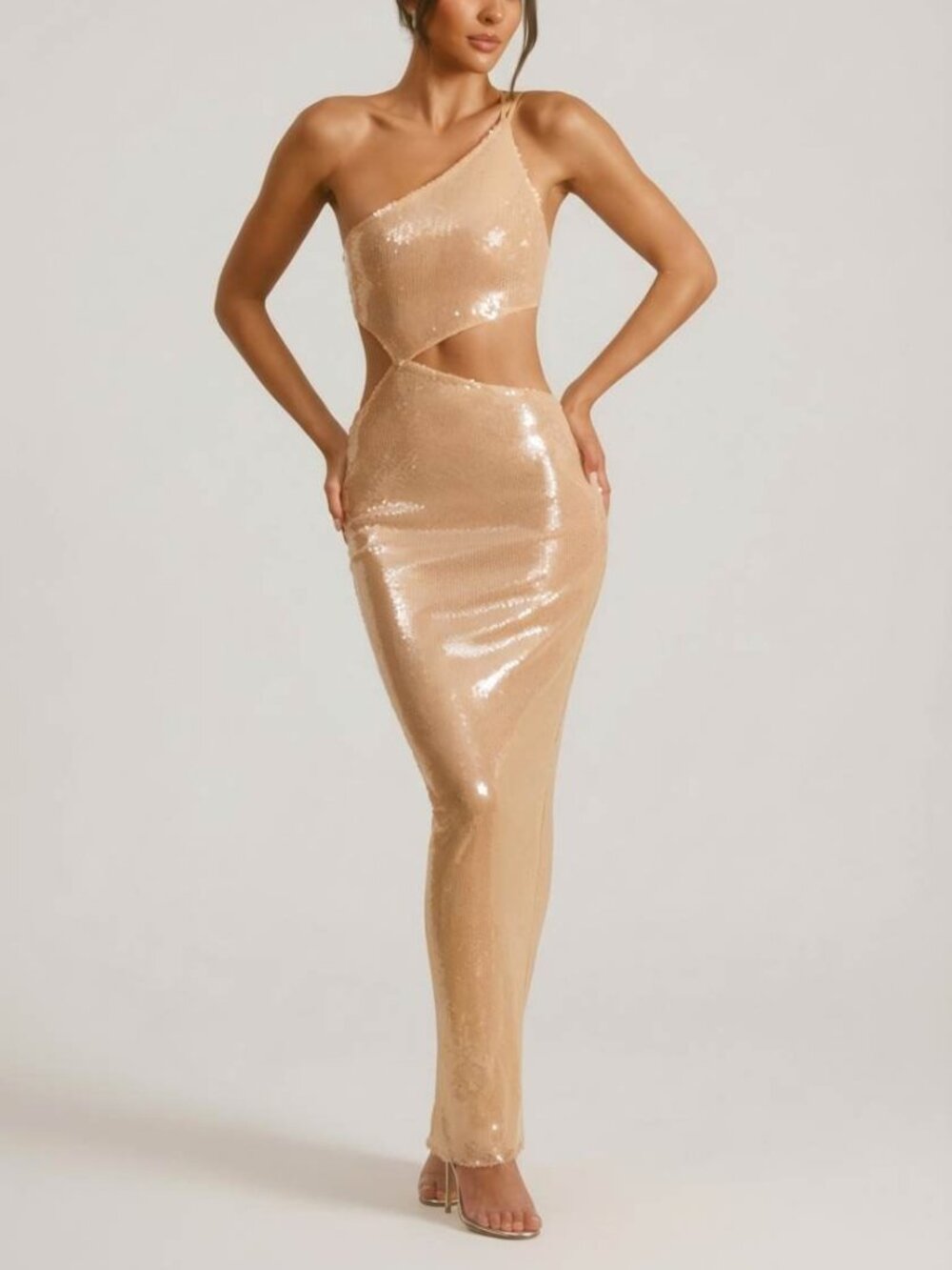Oh Polly Isabel Sheer Sequin One Shoulder Cut Out Maxi Dress - Tan - Size US 6